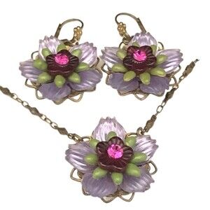 Vintage 1980s Janny Floral Necklace Earrings Set Crystal Enamel Brass Tone - 8C